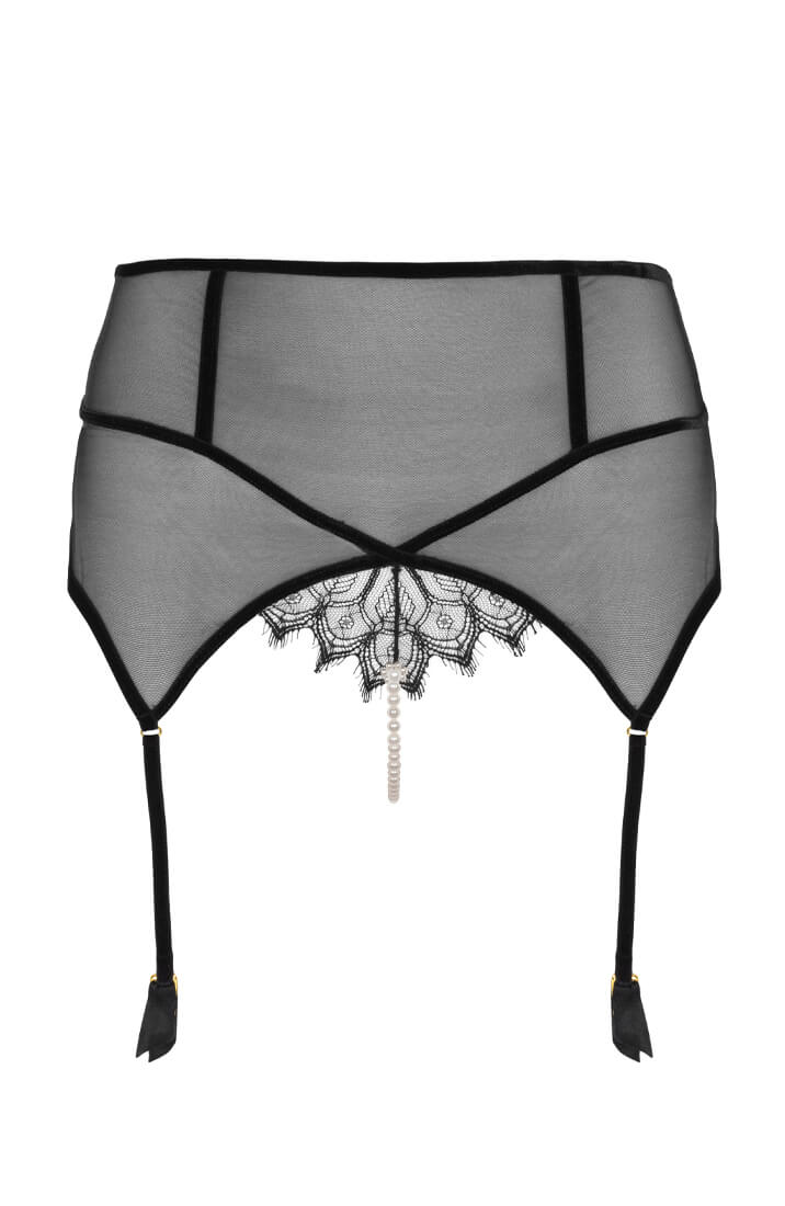Black French lingerie suspender brief with removable ivory pearl string