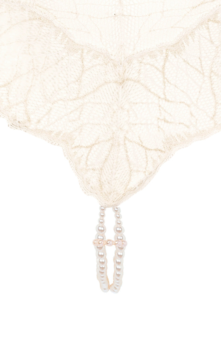 COAX Copenhagen luxury ivory crotchless bodysuit with pearls crafted in Italian lace with gold lurex highlights
