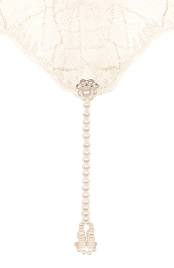 Ivory Lingerie Bodysuit With Pearl String Detail - Soft Lace And Gold Accents