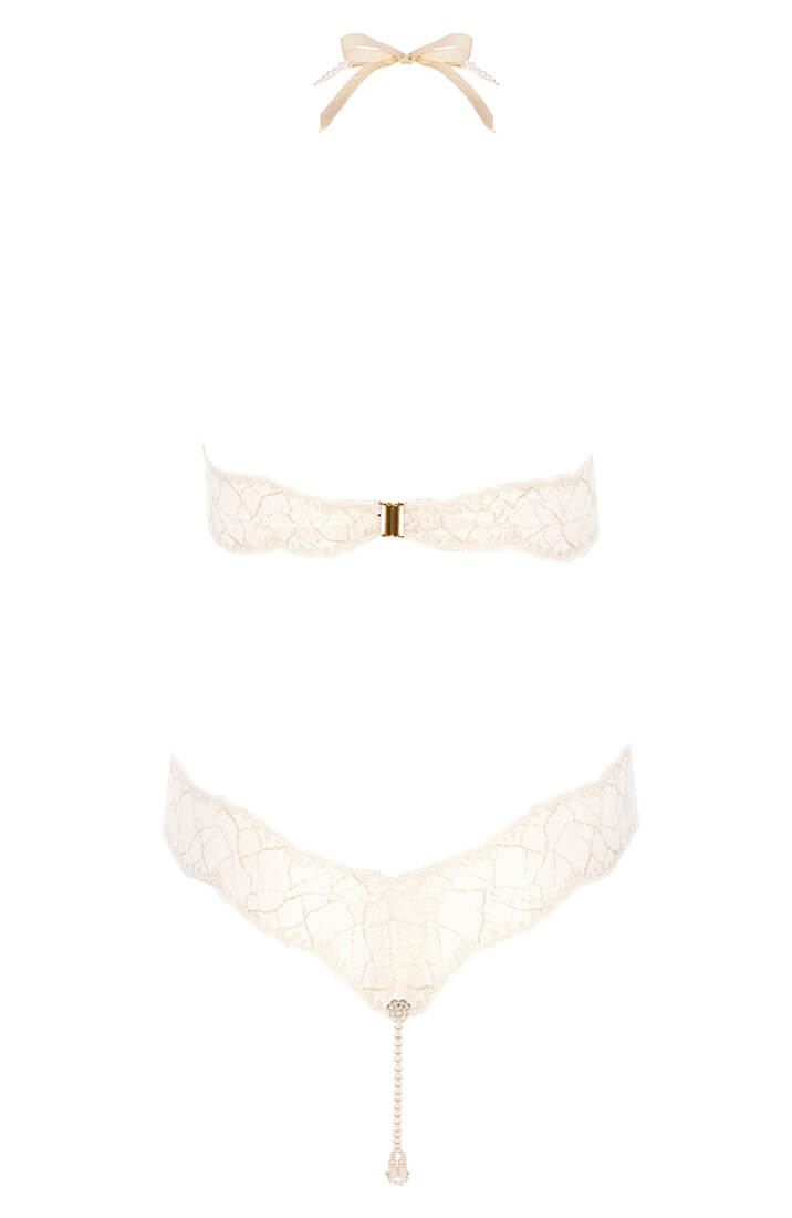 White Lace Bodysuit With Double Manacor Pearl Detail - Erotic Bridal Lingerie