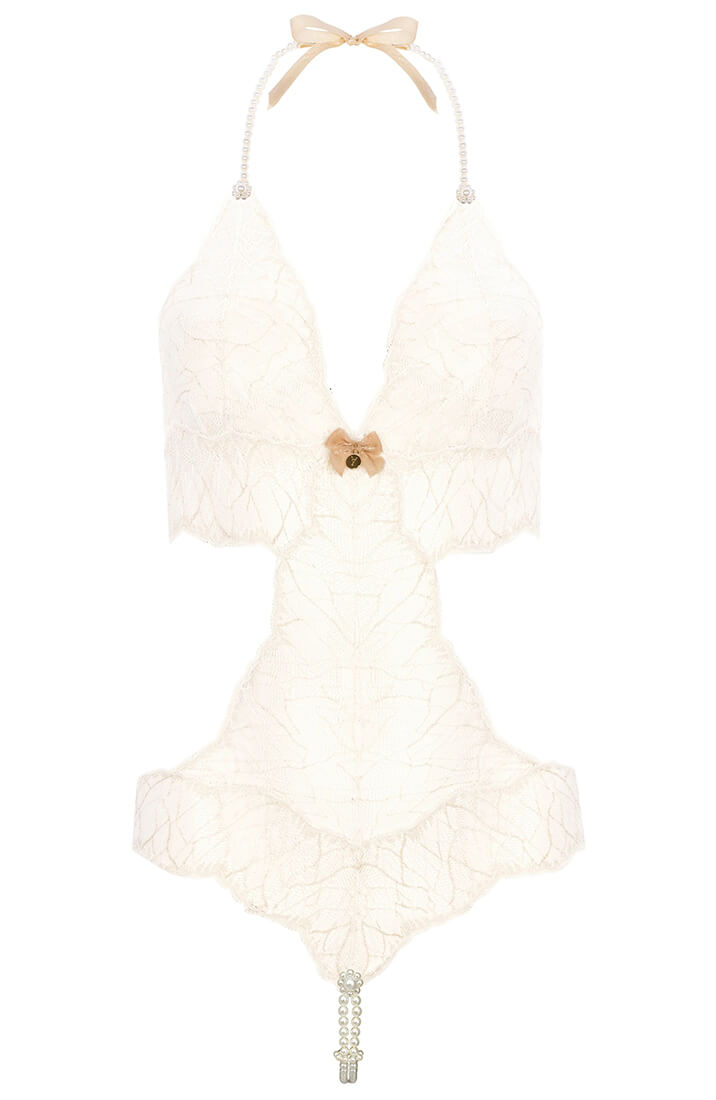 Ivory Lace Bodysuit With Double Pearl String - Luxury Bridal Lingerie COAX Copenhagen