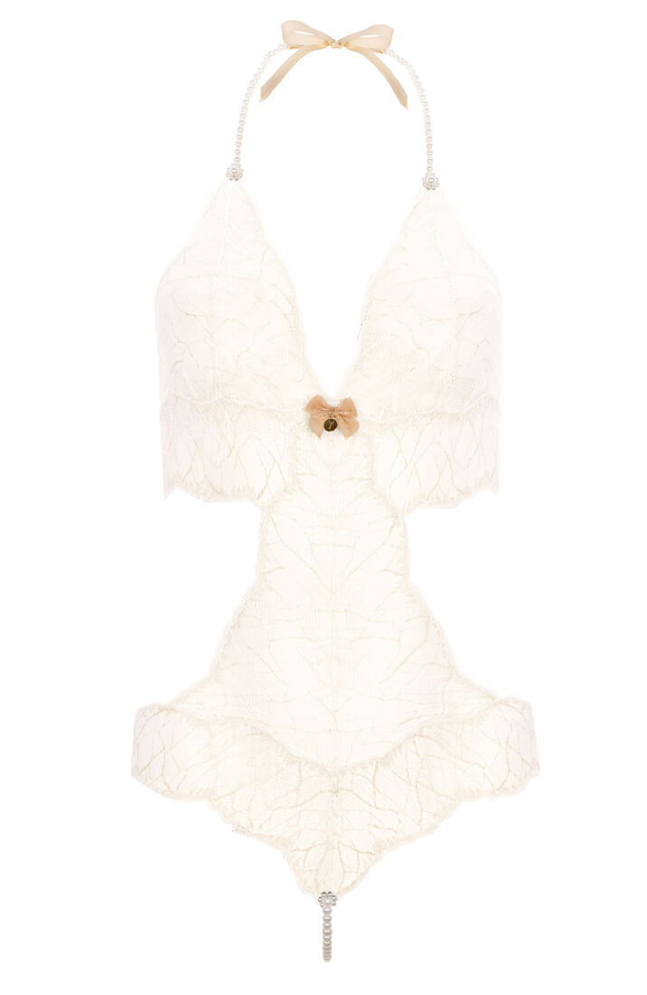 Ivory Lace Bodysuit With Single Pearl String - Luxury Lingerie COAX Copenhagen
