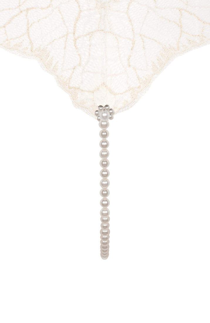 Ivory Lace Thong With Single Manacor Pearl String - Exclusive Designer Lingerie