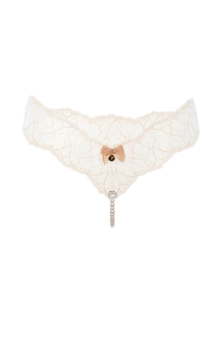 Ivory Lace Thong With Single Pearl String - Luxury Lingerie COAX Copenhagen