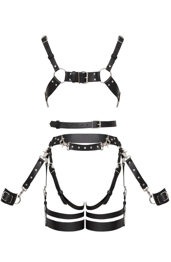 Black fetishwear harness with removable thigh straps and leather wrist cuffs
