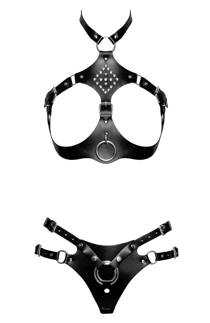Leather open-cup lingerie set