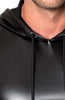 Black Sleeveless wet look Hoodie - close up neck