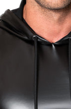 Load image into Gallery viewer, Black Sleeveless wet look Hoodie - close up neck