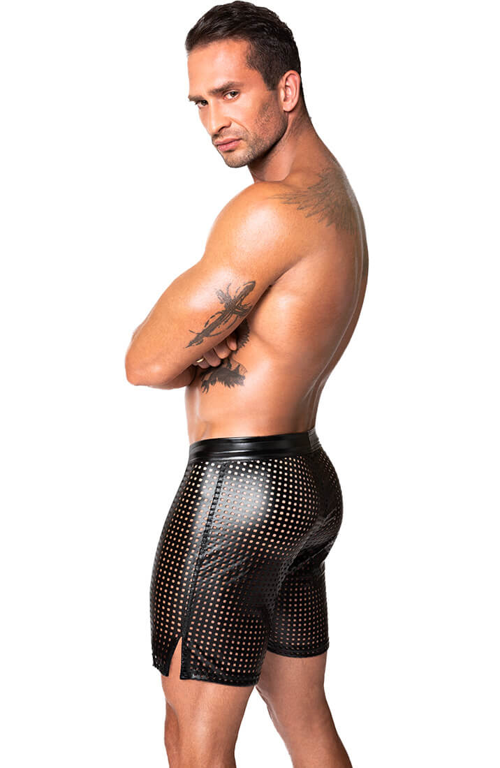 Men's Laser-cut wet look tregging shorts