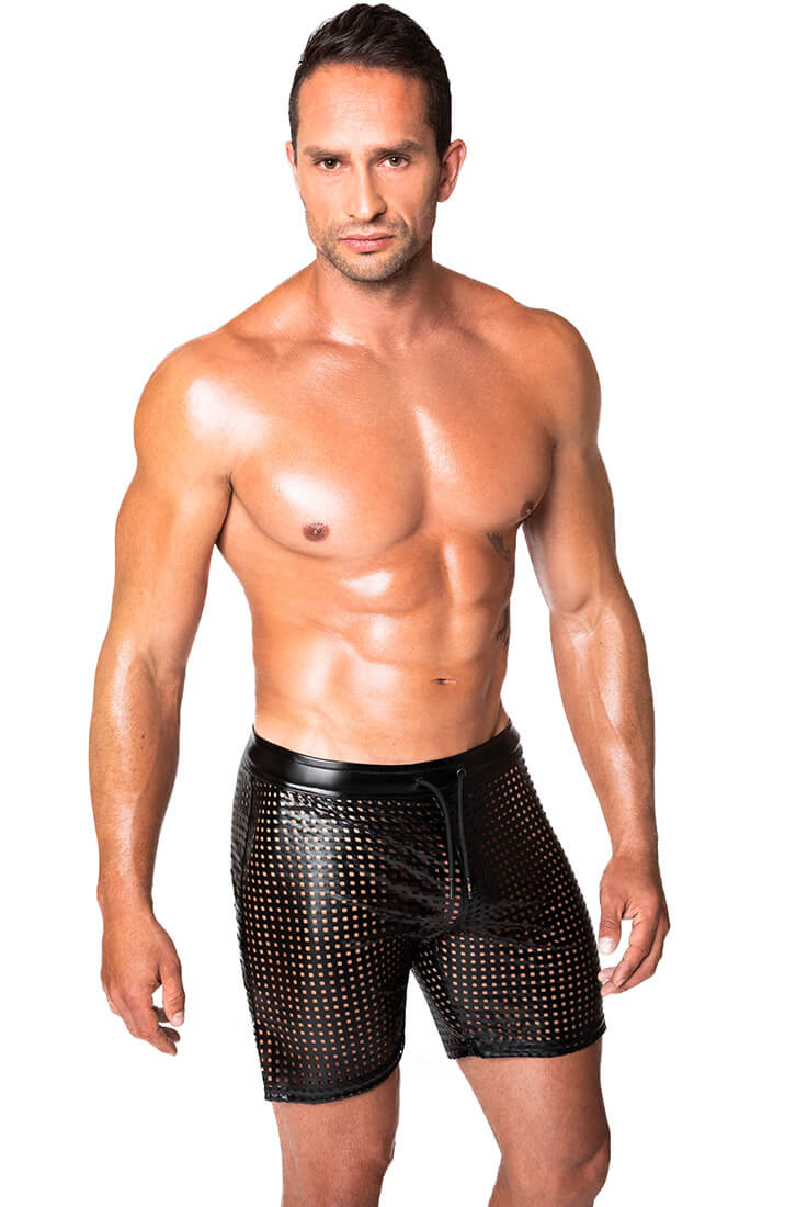 Men's Laser-cut wet look tregging shorts