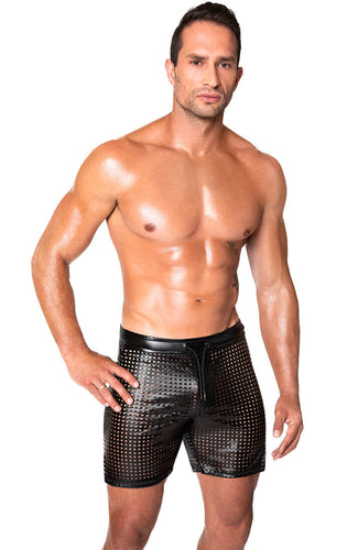 Men's Laser-cut wet look tregging shorts