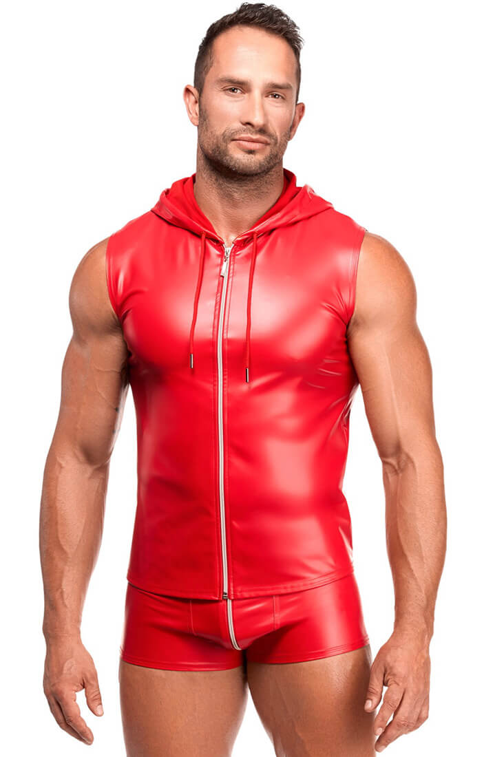 Red hooded wet look vest for men - COAX Fetish clothing COAX Copenhagen