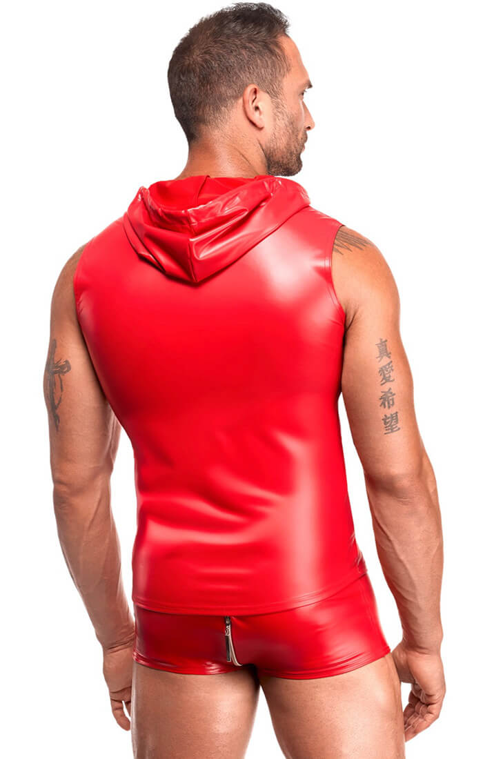 Men's red power wet look sleeveless vest with zipper - COAX Fetish fashion