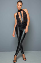 Load image into Gallery viewer, Sheer black &amp; wet look catsuit with embellished choker