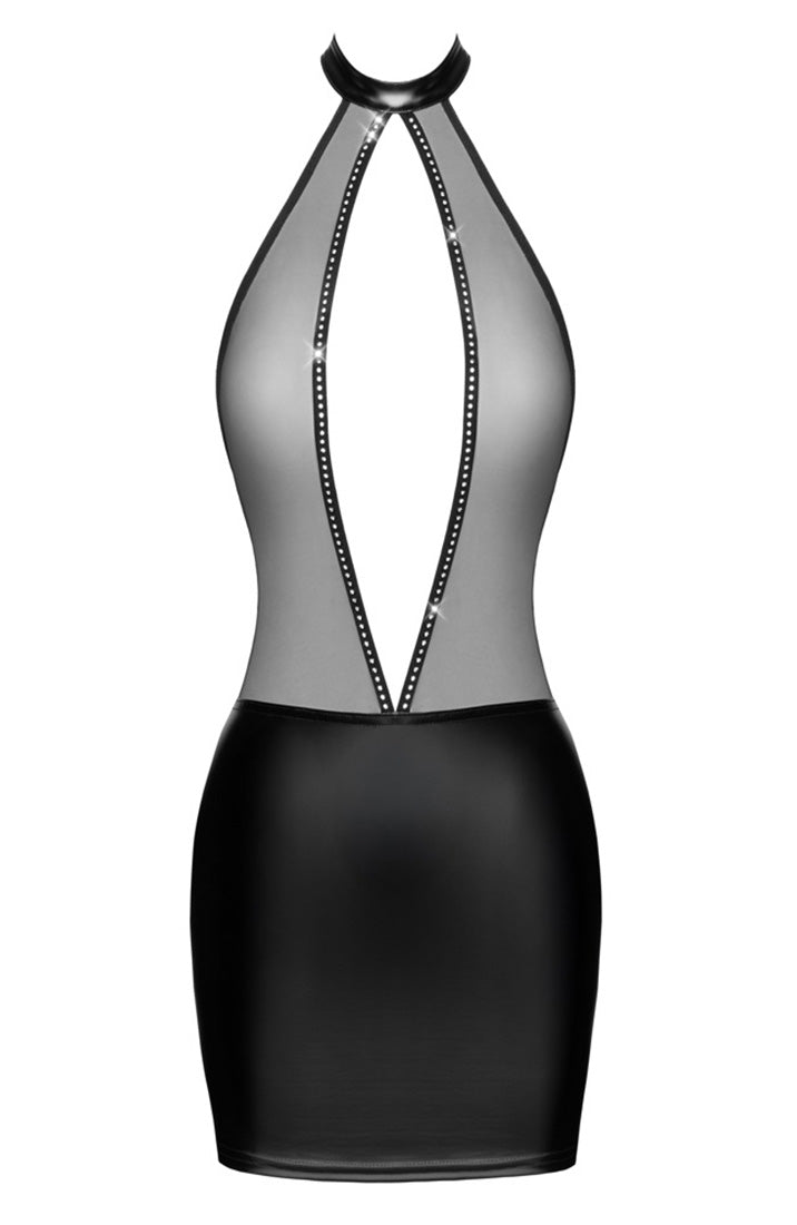 Fetish-inspired mini dress with sheer panels and wet look skirt - COAX Fetish lingerie