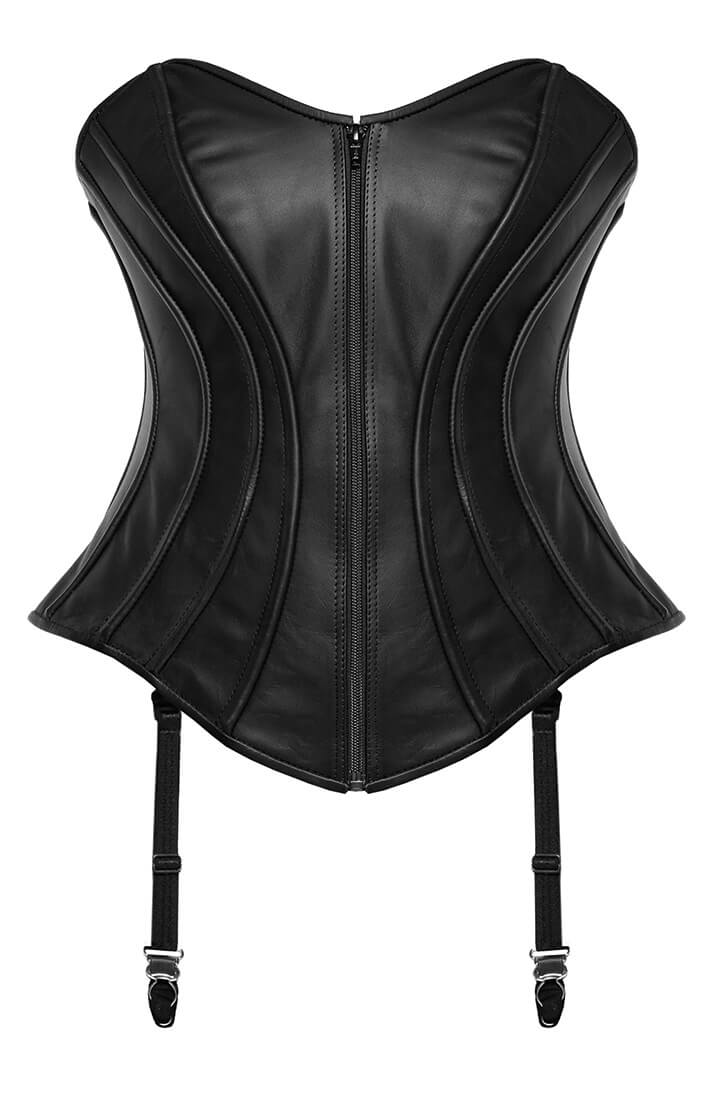 Front zip detail on lamb leather corset with structured fit