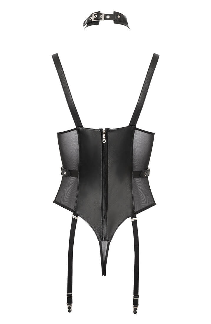 Back shot of leather suspender body with gold-toned hardware and O-ring belt