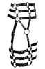 Adjustable black leather harness with O-rings and buckle details