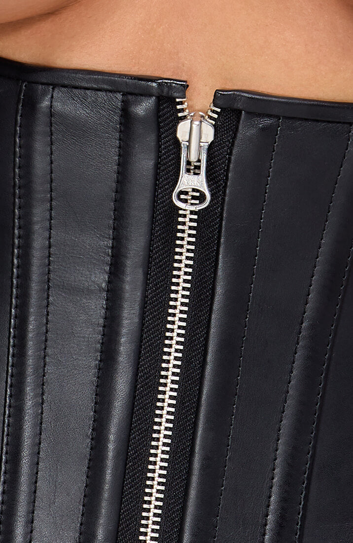 COAX Copenhagen lamb leather corset with zipper front and curve-hugging fit