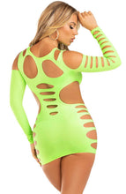 Load image into Gallery viewer, Neon green shredded cut-out mini dress