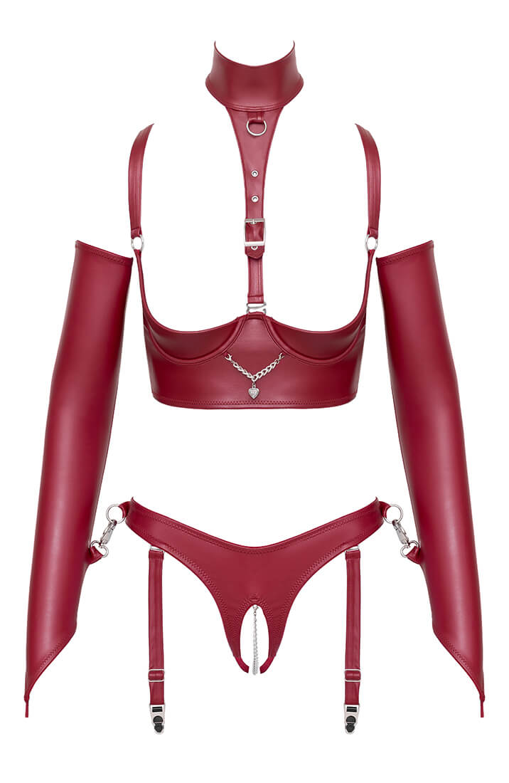 Soft bondage lingerie set with open cups, choker and long restraint sleeves