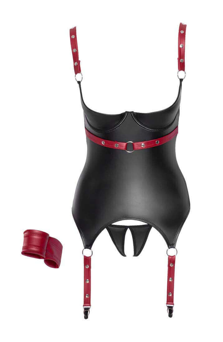 Wet look shelf bustier lingerie with choker and restraint details, bold red hot accents