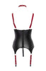 Open cup wet look shelf bustier, restraints & crotchless thong