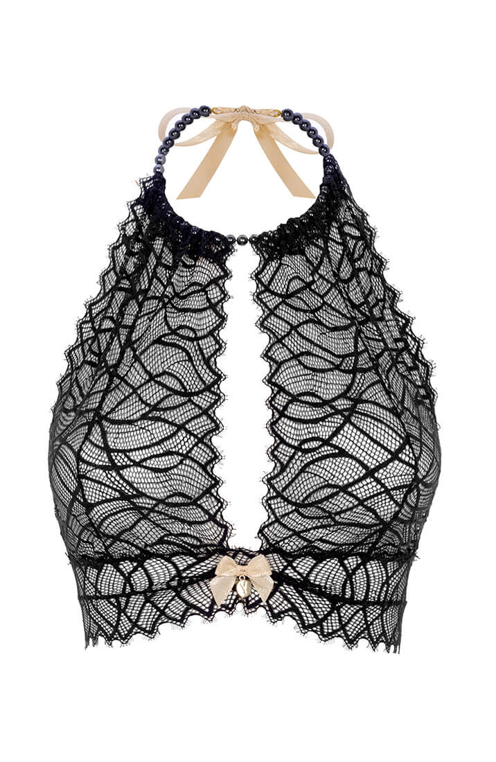 COAX Copenhagen black lace bralette with integrated black Manacor pearl choker