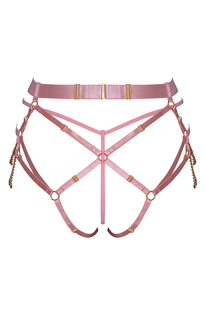 Pink harness lingerie with gold-tone chain embellishments