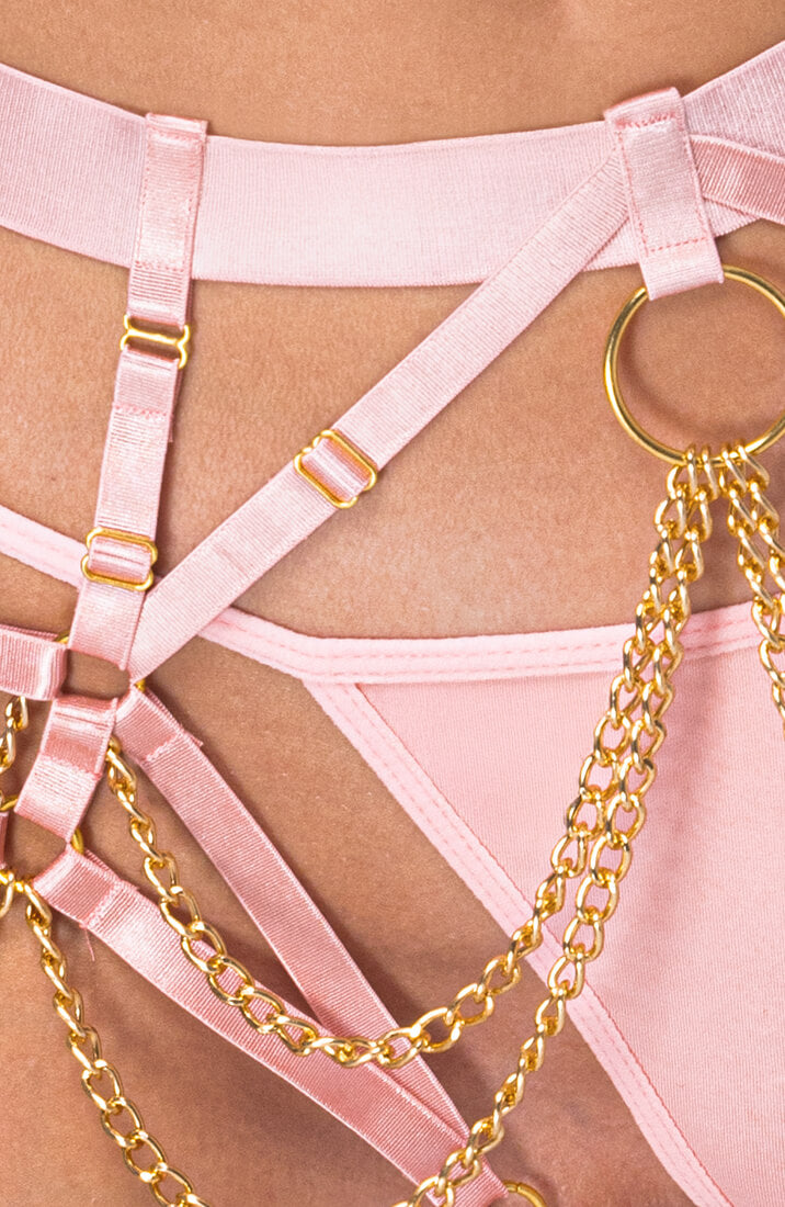 Pink harness thong with draped gold chains and O-rings