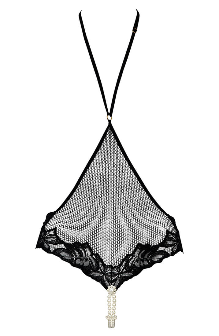 Black Open-Front Playsuit with Double Pearl String | COAX Copenhagen - ghost front