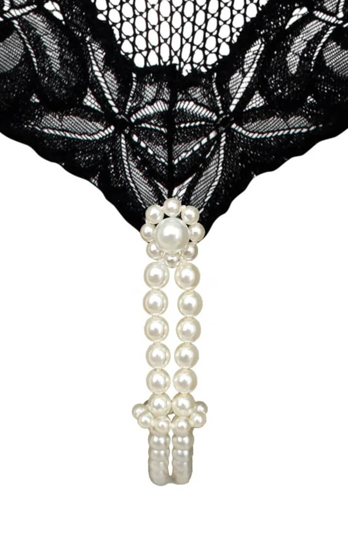 Black Open-Front Playsuit with Double Pearl String | COAX Copenhagen - close up front