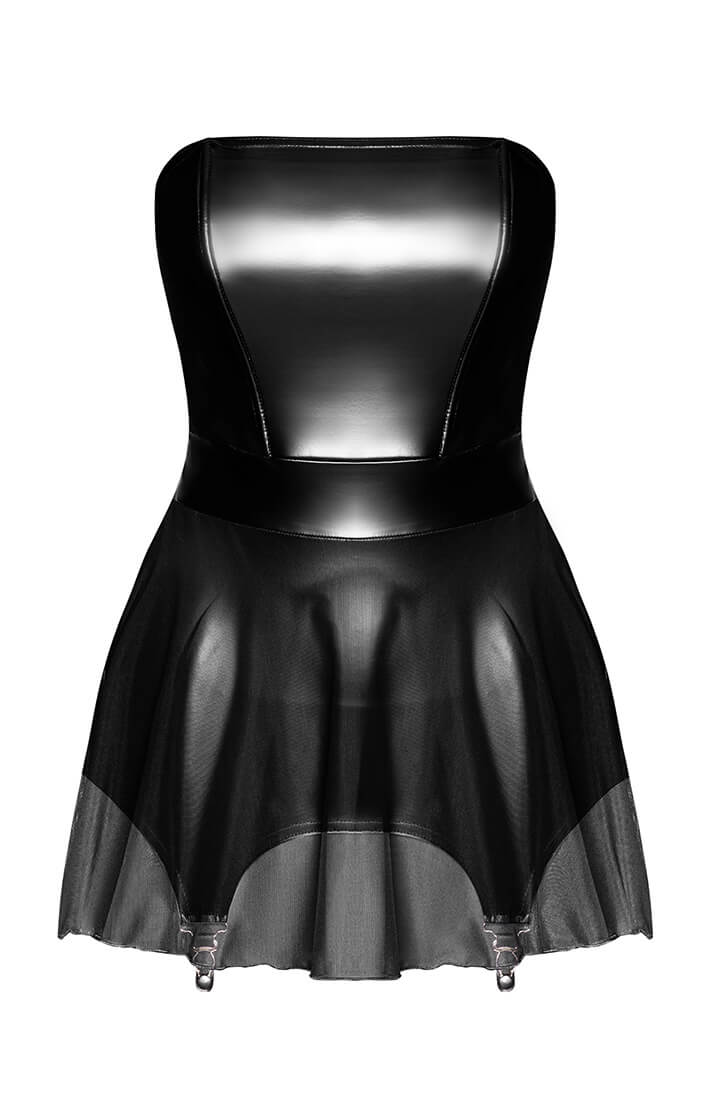 Strapless wet look and mesh mini dress with suspender styling - COAX Copenhagen