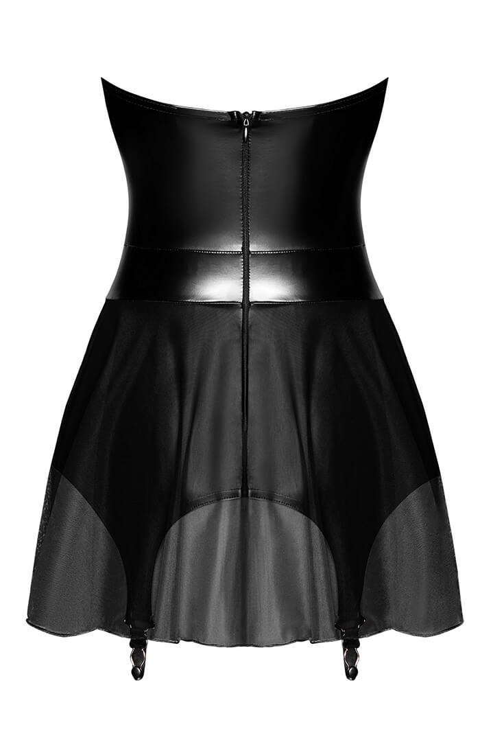Black strapless wet look mini dress with sheer mesh skirt and fetish detail - COAX Copenhagen
