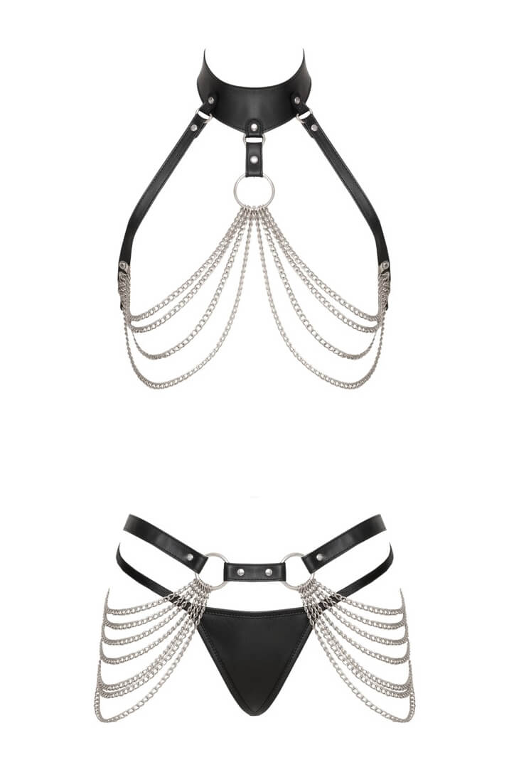 Black fetish harness set with chest harness, hip harness and thong