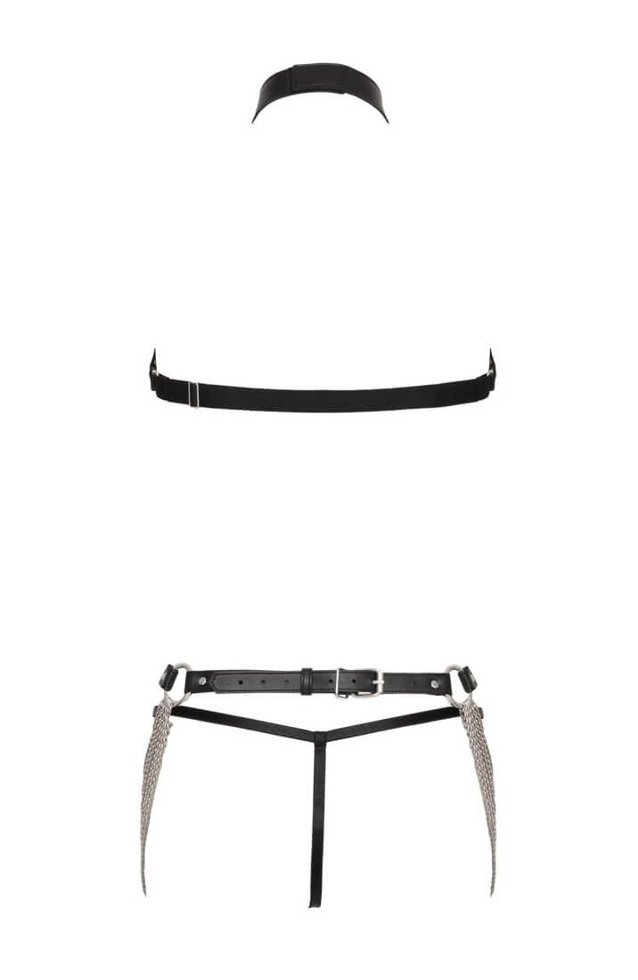 Strappy black lingerie harness with cascading chains and O-ring details
