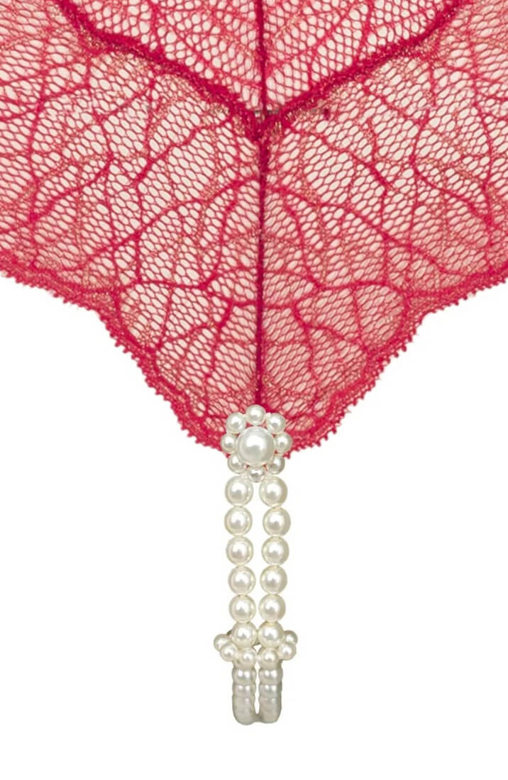 Red Italian Lace Bodysuit With White Pearl Detail - Sensual Luxury Lingerie