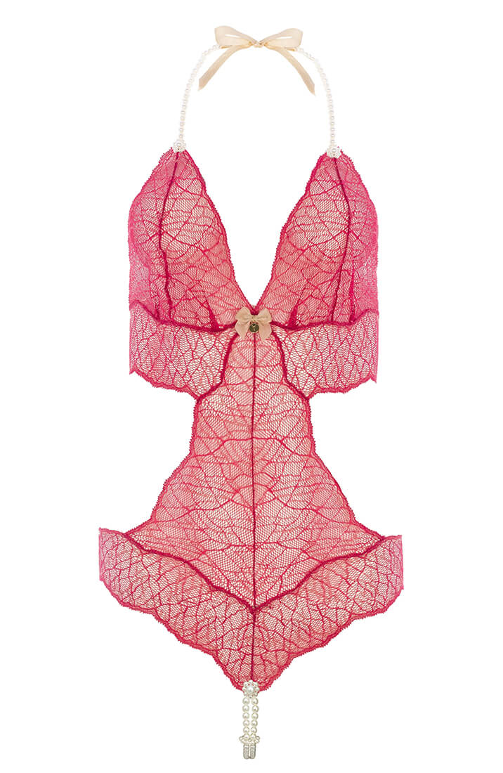 Red Lace Bodysuit With Double Pearl String - Passionate Lingerie COAX Copenhagen