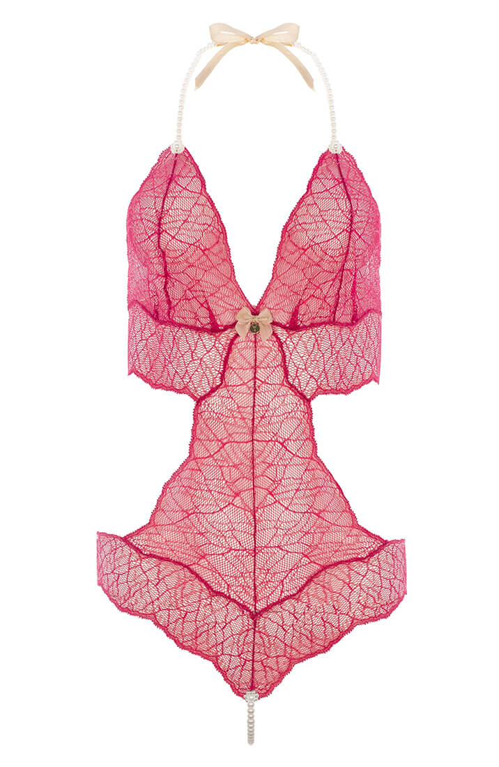 Red Italian lace bodysuit with gold lurex and pearl string by COAX Copenhagen