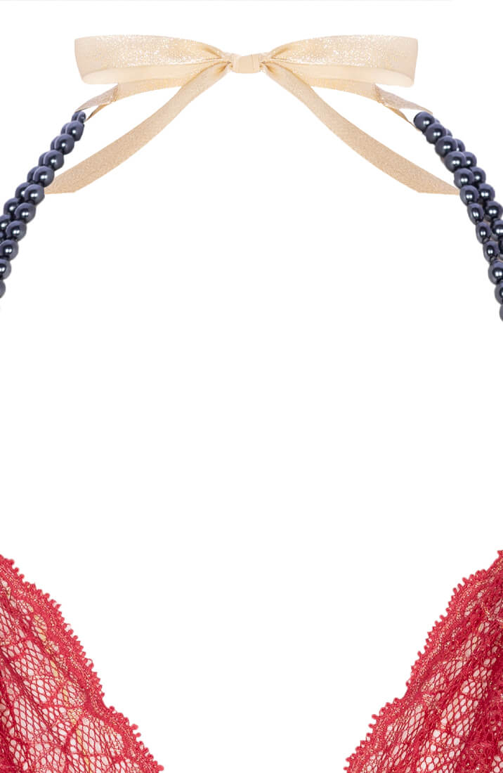 Red lace lingerie bralette with black Manacor pearl strand