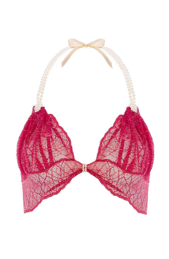 Red halter bralette with pearl strand and sheer lace cups from COAX Copenhagen