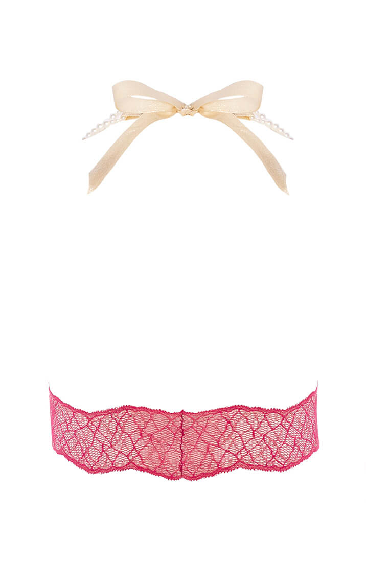 COAX Copenhagen red lace bralette with double pearl detail and shimmering gold lurex