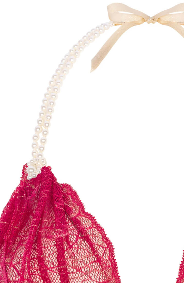 Fiery red lace bralette with white pearl strand and sensual halter neckline by COAX Copenhagen