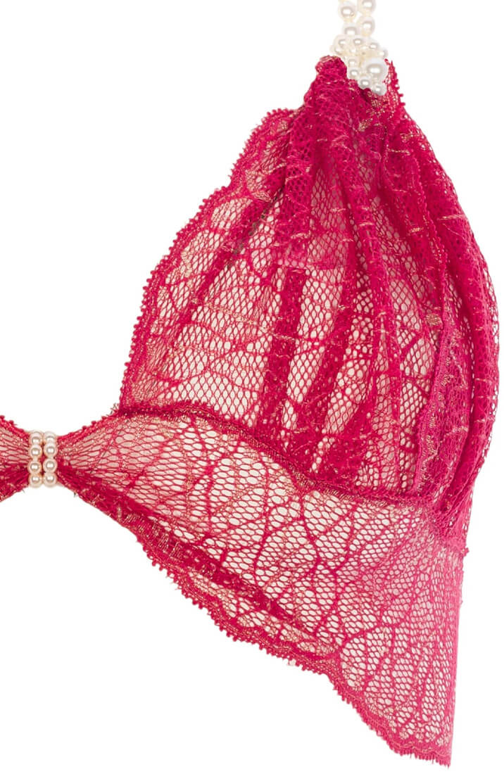 COAX Copenhagen red bralette with pearl choker and delicate lace for elegant seduction