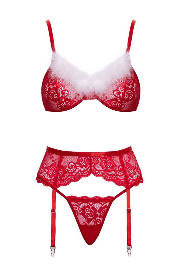 Christmas lingerie set with lace bra, garter belt, and feather details