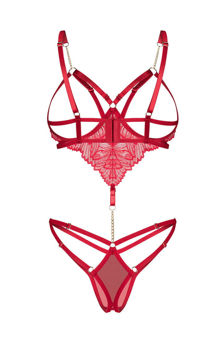 Red sheer lace body with decorative chain details COAX Lingerie