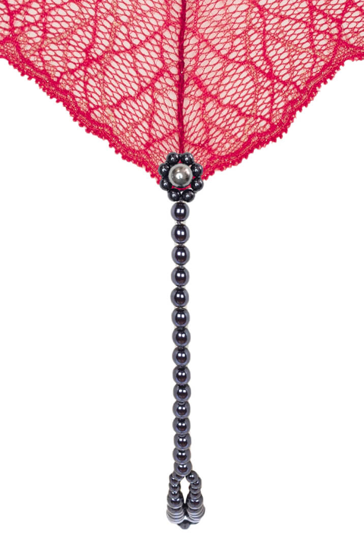COAX Copenhagen red lace thong with black double Manacor pearl string