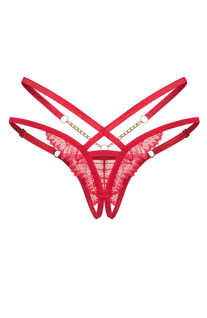 Red strap thong with gold hardware and lace from COAX Lingerie, erotic lingerie style