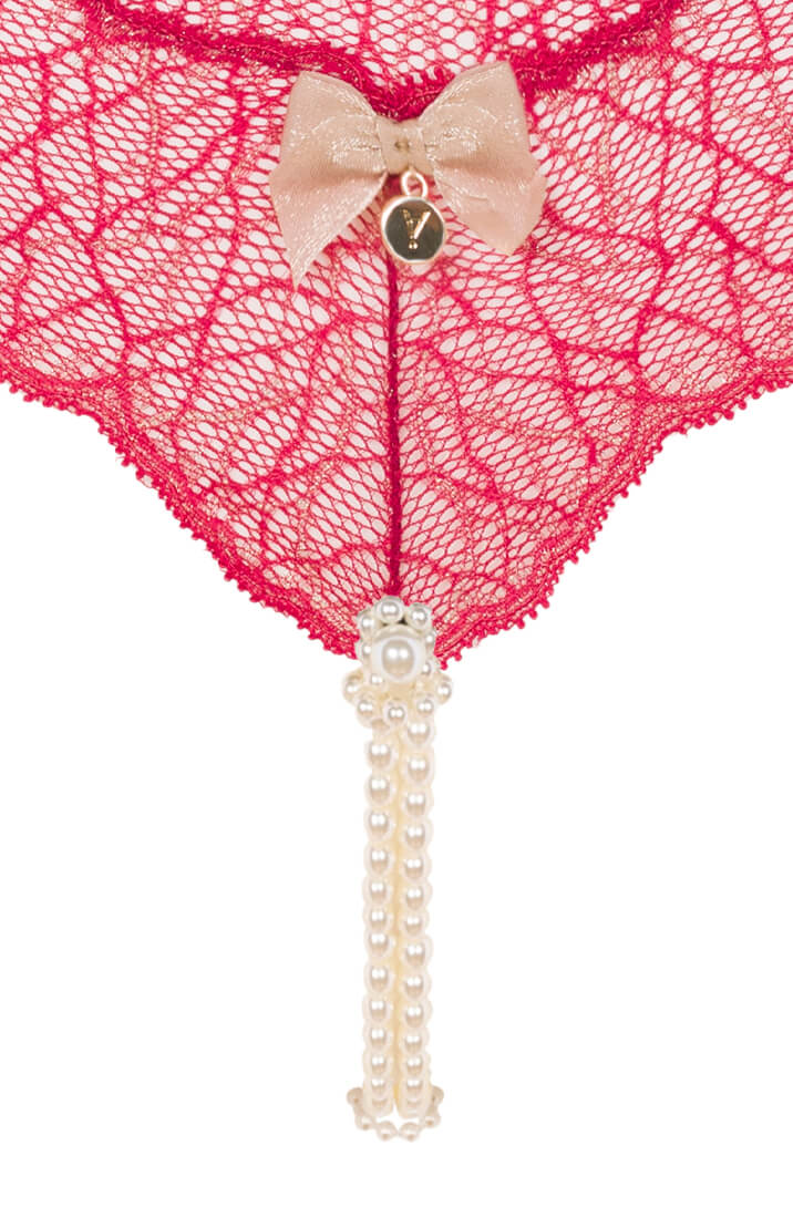 COAX Copenhagen red floral lace thong with double pearl string for intimate pleasure