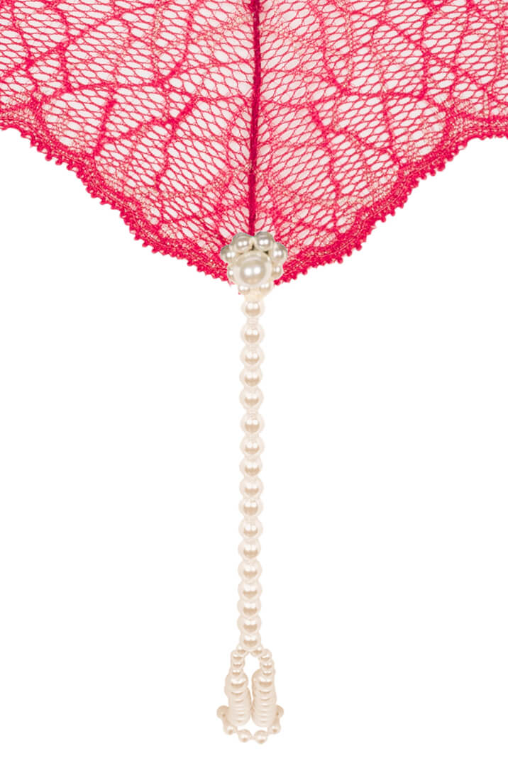 Erotic red lace thong with double Manacor pearls and sensual fit by COAX Copenhagen
